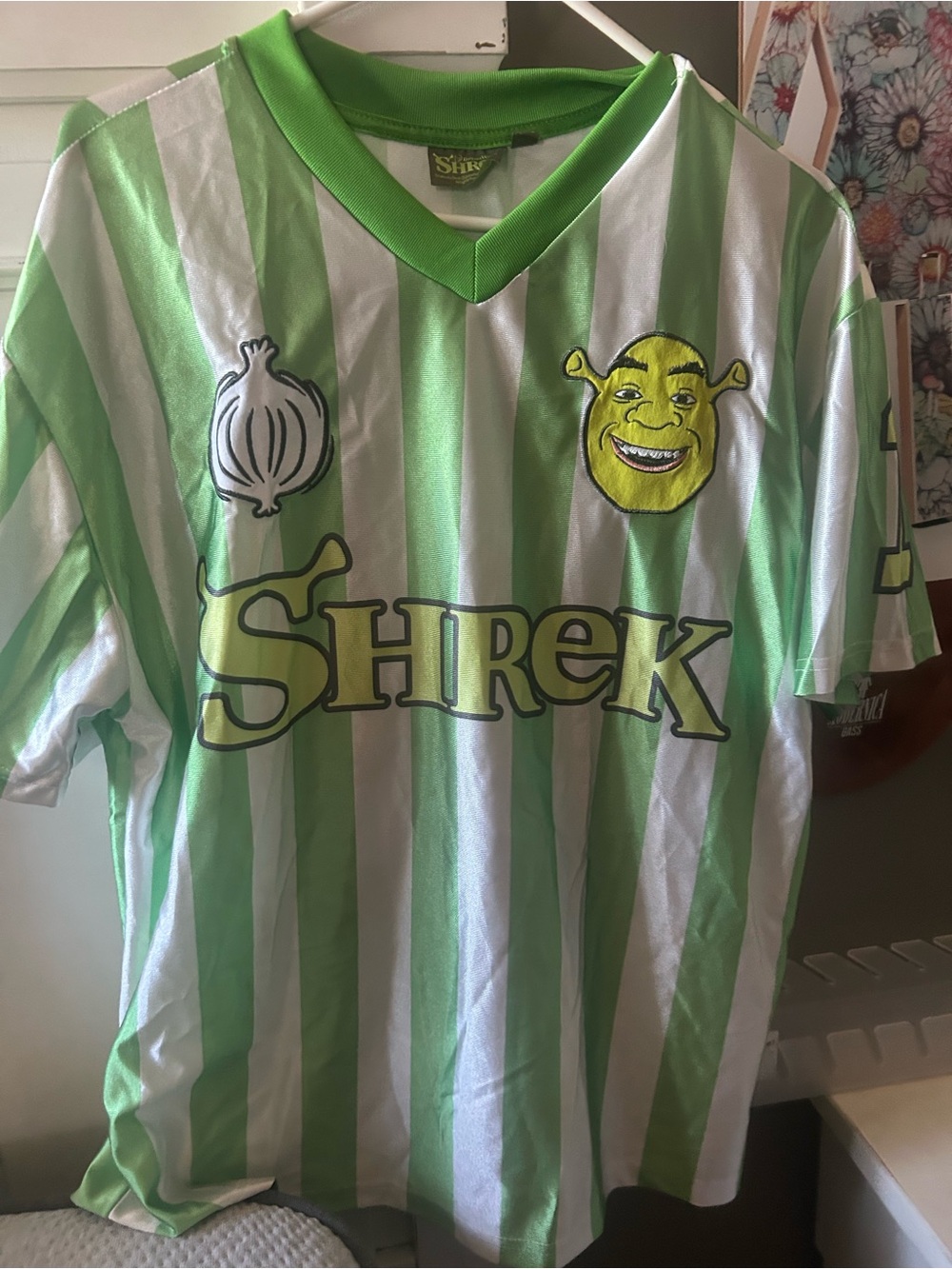Shrek Striped Jersey Men's size L Green White Graphic Donkey T-Shirt as is